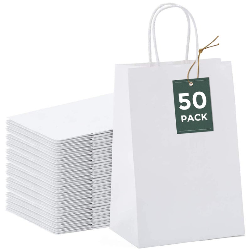 GSSUSA 50 Pcs White Kraft Paper Bags 5.25x3.75x8, Small Paper Bags with Handles for Shopping, Gift, Merchandise, Retail, Party Favor, Wedding, Gift, Bags for Small Business, Boutique - Image 1